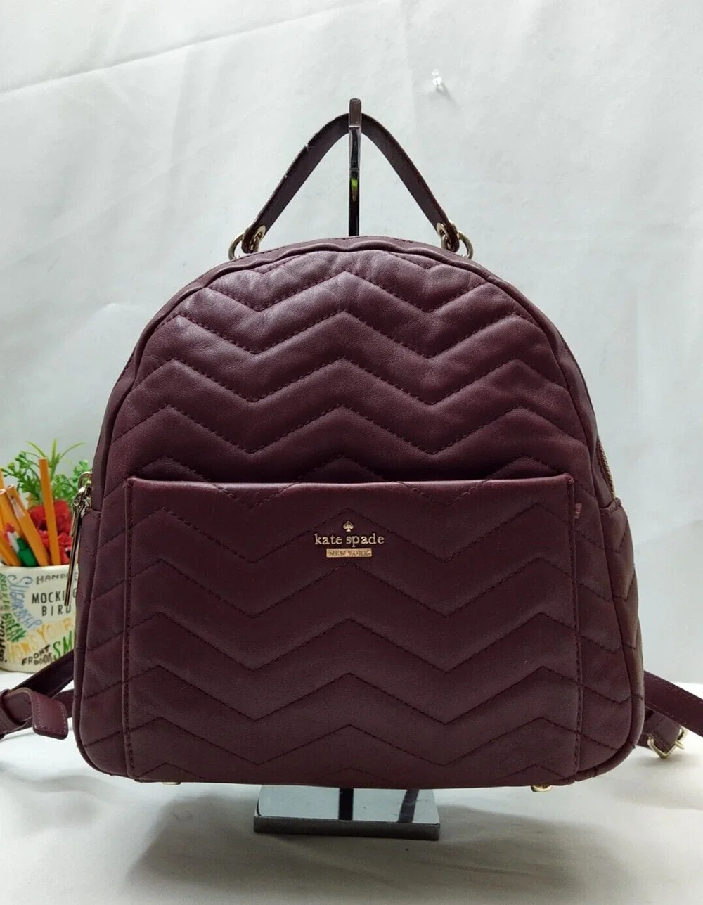 Kate Spade New York Maroon Leather Quilted Top Handle Zipper Closure Backpack